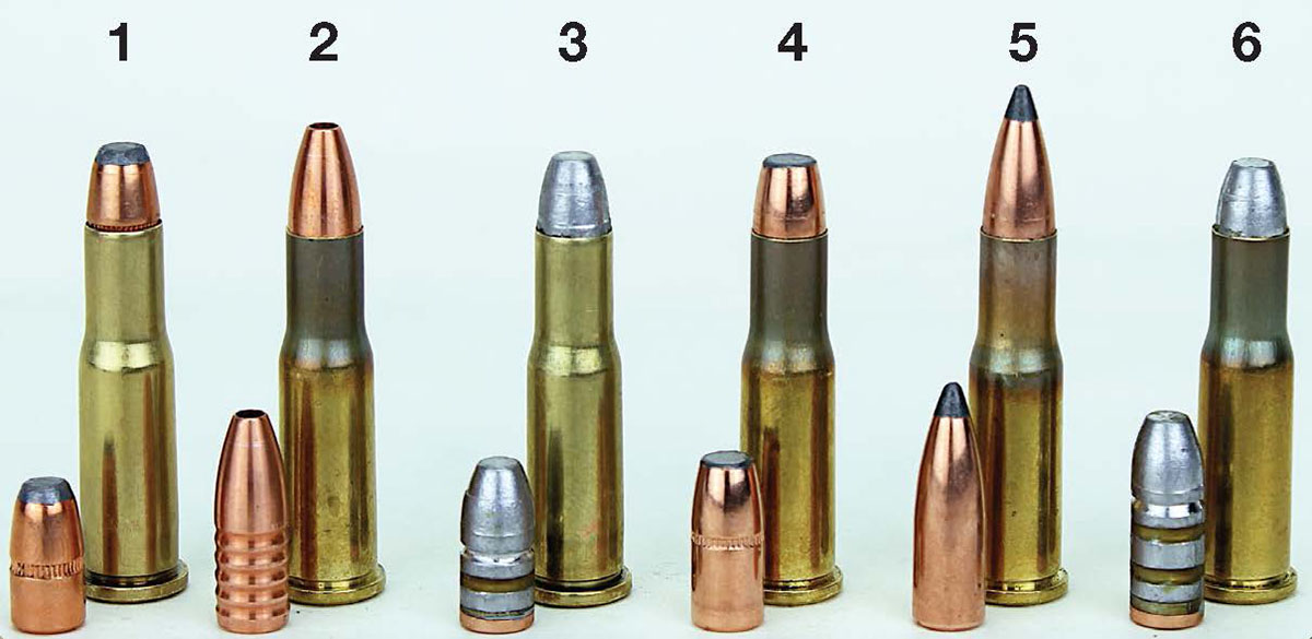 Test loads include: (1) Hornady 60-grain JFP, (2) 67-grain Shock Hammer, (3) 72-grain lead flatnose, (4) Speer 75-grain SPFN, (5) Sierra 87-grain Spitzer Varminter, (6) 92-grain lead flatnose. All are appropriate for varmints and small game.